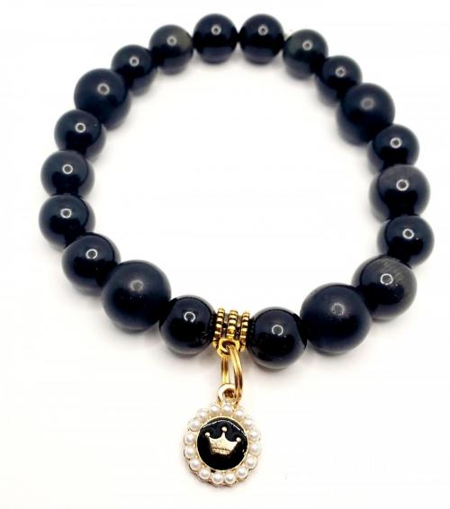Black Pearl Crown Charm Bracelet 