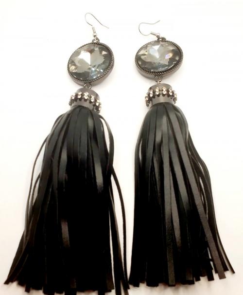 Long Black Leather Jeweled Earrings 