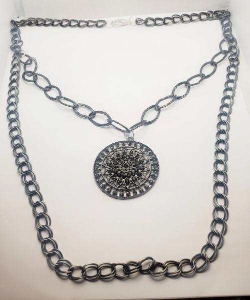 Gunmetal Layered Link Necklace and Pendant 