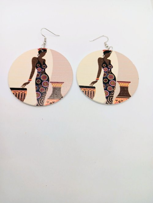African Woman Wooden Earrings 