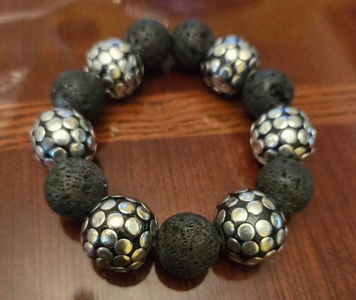 Silver and Black Lava Bead Bracelet 