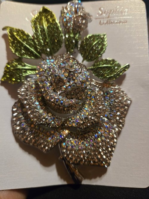 Large Green leaf and Silver Rose Brooch 